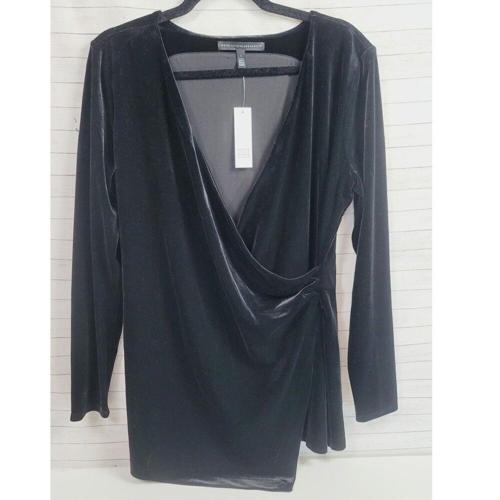 WHITE HOUSE BLACK MARKET LONG SLEEVE VELVET DRAPE TUNIC IN BLACK, SZ LARGE